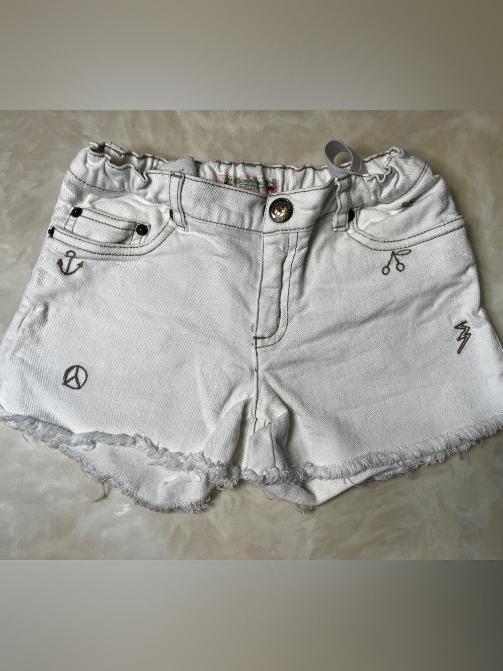 White Denim Embroidered Frayed-Hem Shorts - Picture 10 of 10